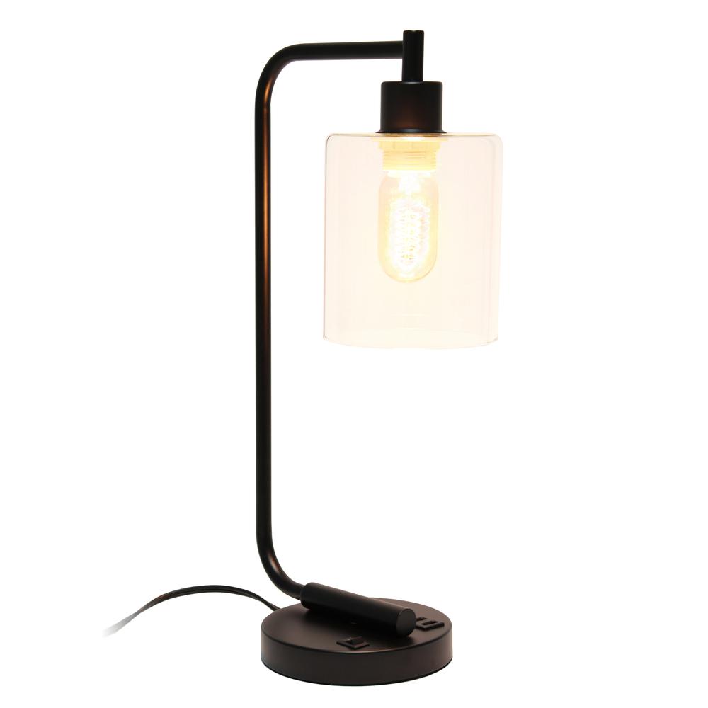 Bronson Antique Industrial Iron Lantern Desk Lamp with USB and Glass, Black