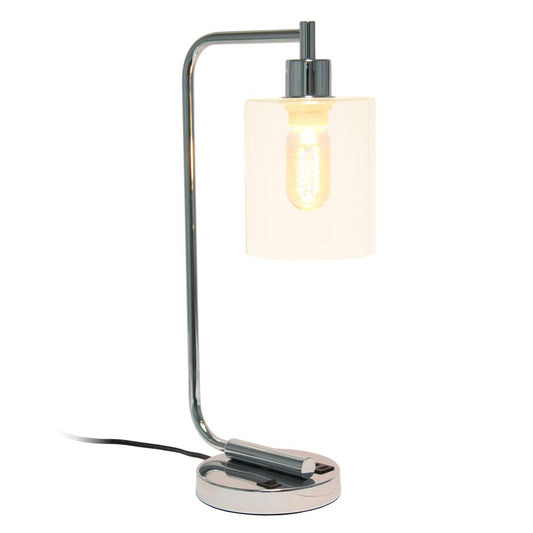 Bronson Antique Industrial Iron Lantern Desk Lamp with USB and Glass, Chrome