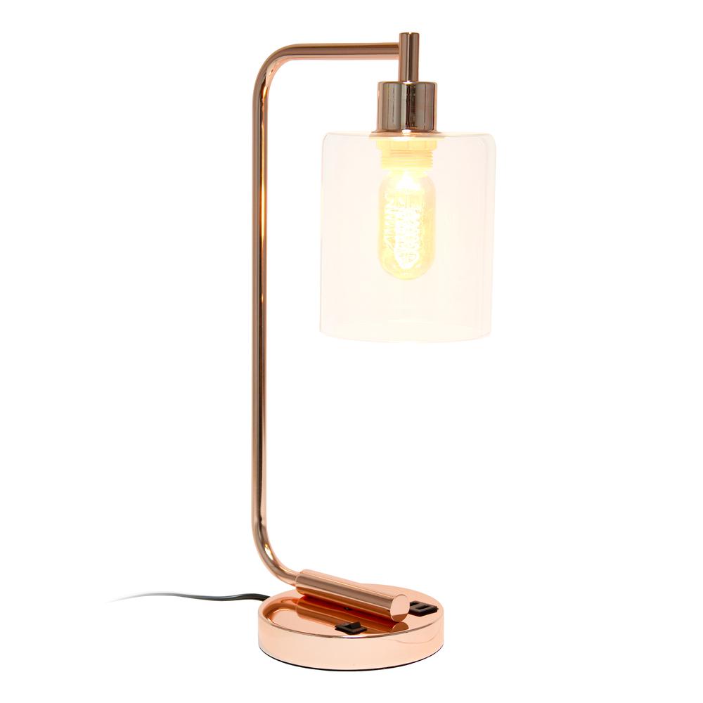 Bronson Antique Industrial Iron Lantern Desk Lamp with USB and Glass, Rose Gold