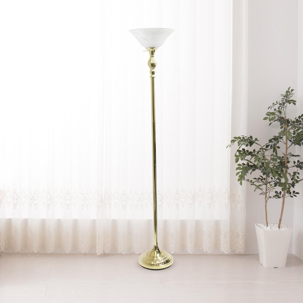 1 Light Torchiere Floor Lamp with Marbleized White Glass Shade, Gold