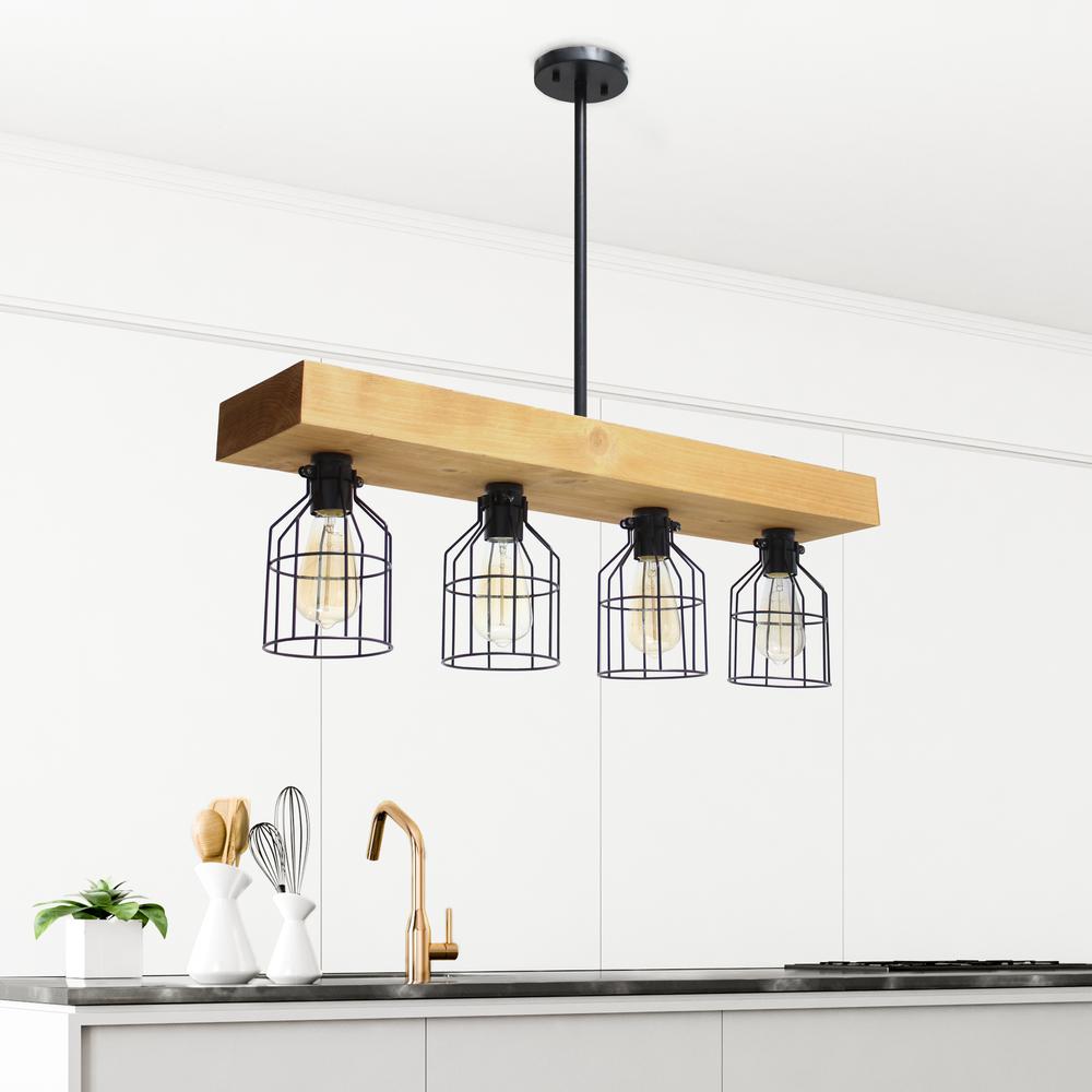 4 Light Farmhouse Beam Pendant, Light Wood