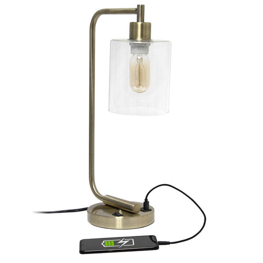 Modern Iron Desk Lamp with USB Port and Glass Shade, Antique Brass