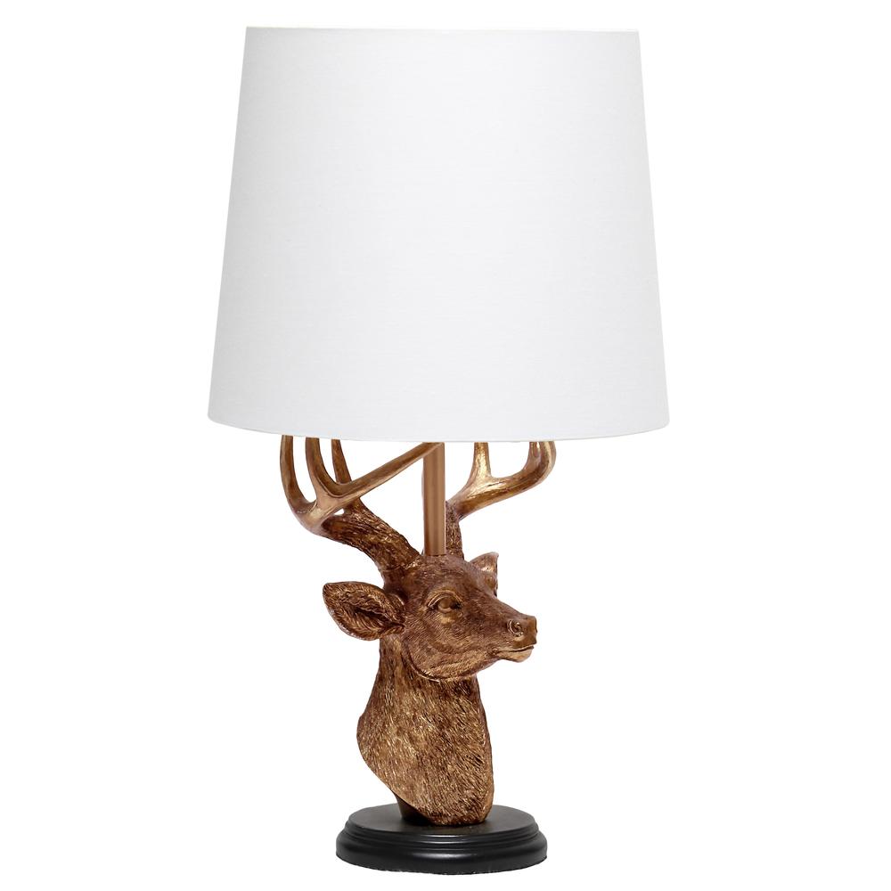 Simple Designs Woodland 17.25" Tall Rustic Antler Copper Deer Bedside Table Desk Lamp with Tapered White Fabric Shade