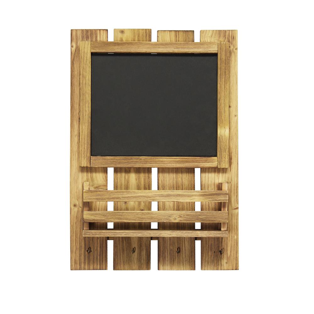 Chalkboard Sign with Key Holder Hooks and Mail Storage, Natural Wood