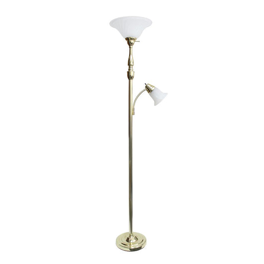 Torchiere Floor Lamp with Reading Light and Marble Glass Shades, Gold