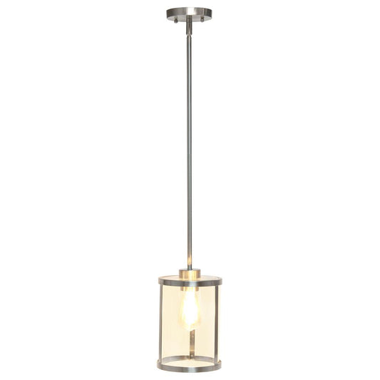 9.25" Modern 1-Light Metal and Clear Hanging Ceiling Pendant, Brushed Nickel