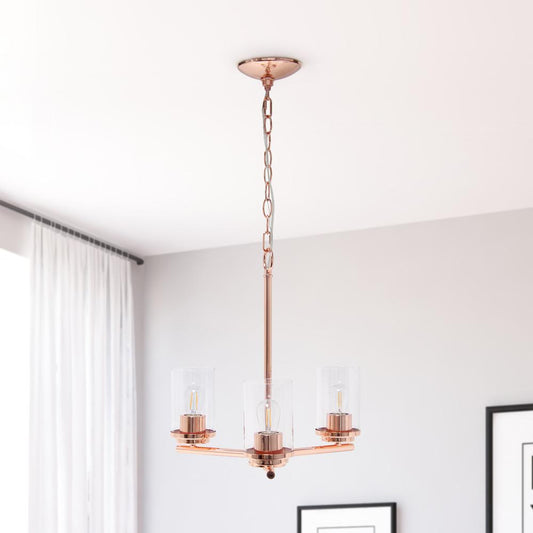 15" 3-Light Metal Clear Glass Foyer Hanging Pendant Chandelier, Rose Gold