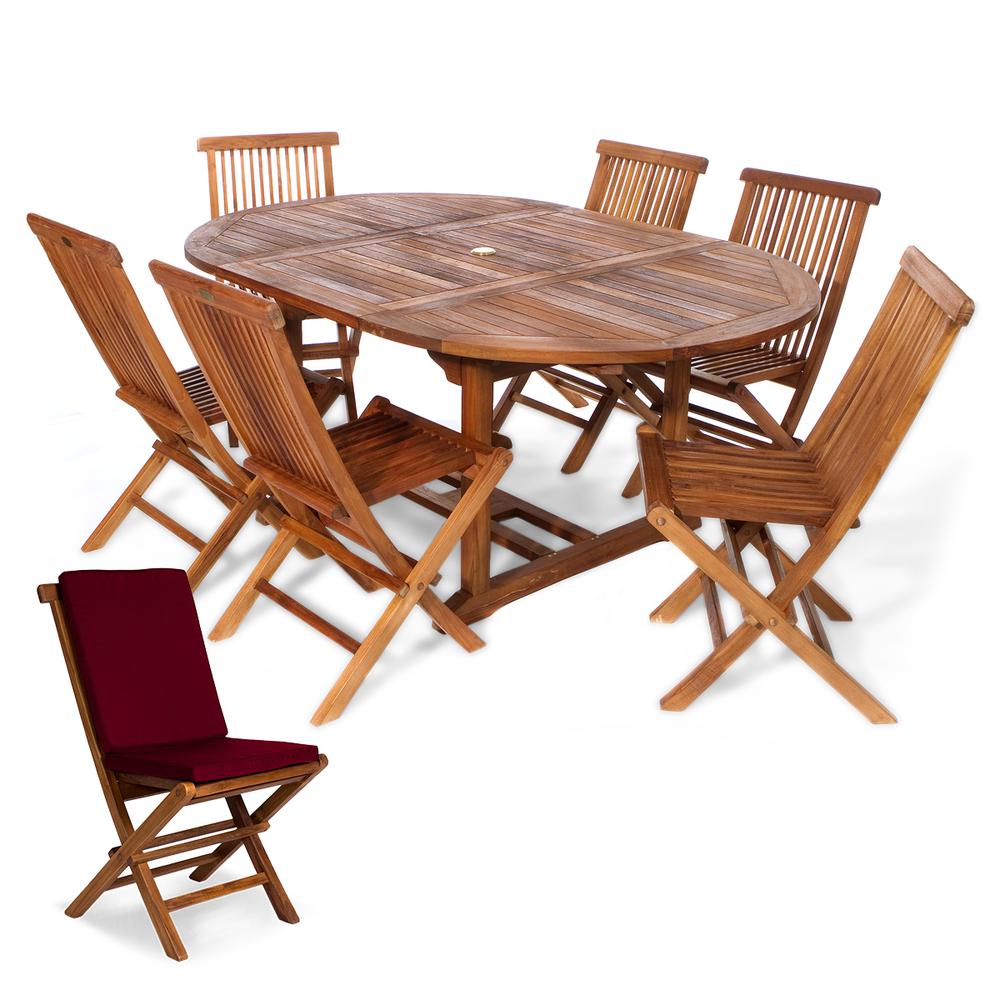 7-Piece Oval Extension Table Folding Chair Set with Red Cushions