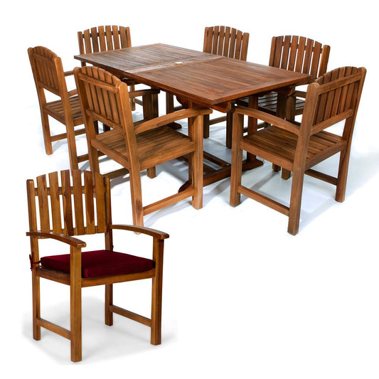 7-Piece Twin Butterfly Leaf Teak Extension Table Dining Chair Set with Red Cushions