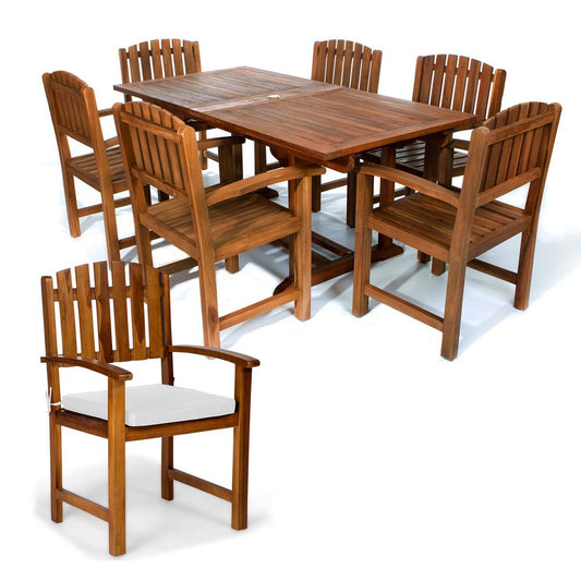 7-Piece Twin Butterfly Leaf Teak Extension Table Dining Chair Set with White Cushions