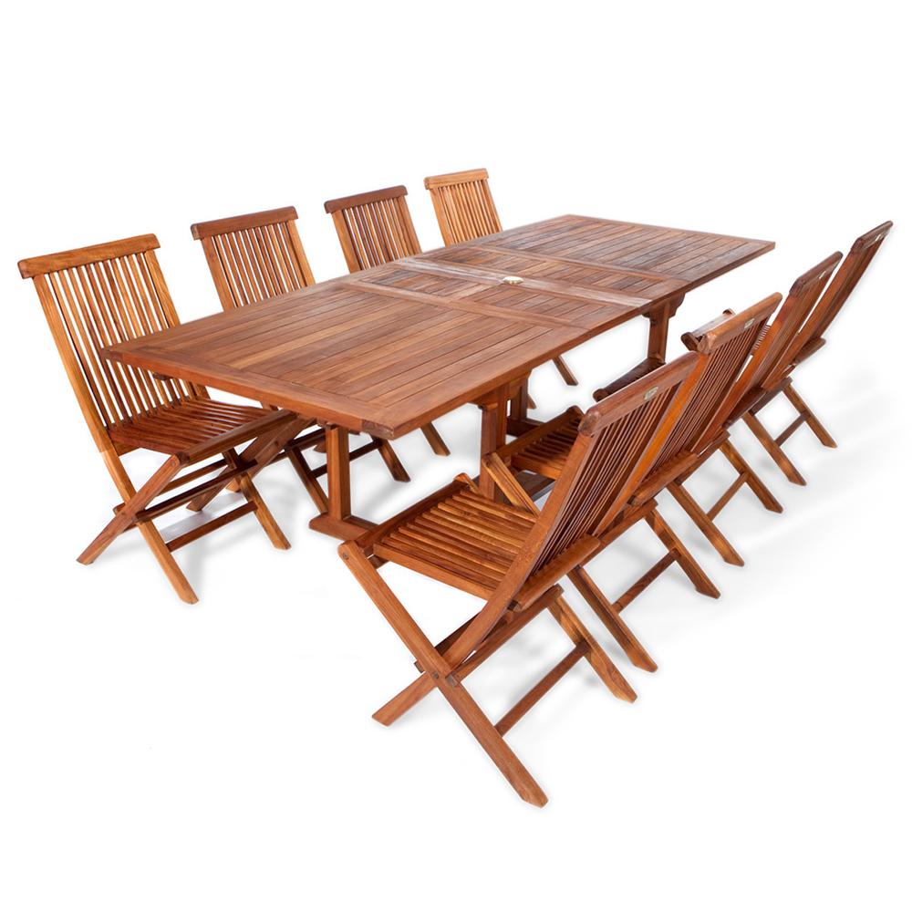 9-Piece Twin Butterfly Leaf Teak Extension Table Folding Chair Set