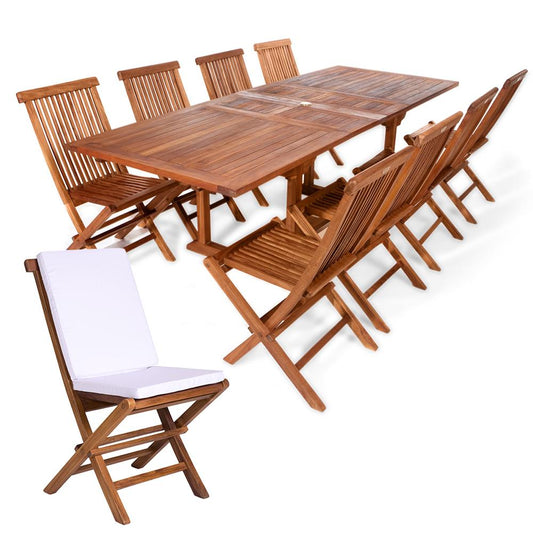 9-Piece Twin Butterfly Leaf Teak Extension Table Folding Chair Set with Royal White Cushions