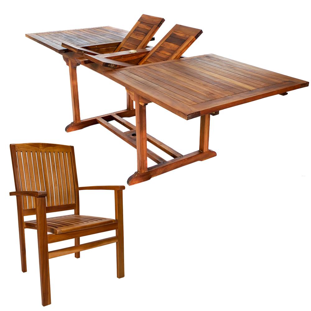 7-Piece Twin Butterfly Leaf Teak Extension Table Stacking Chair Set