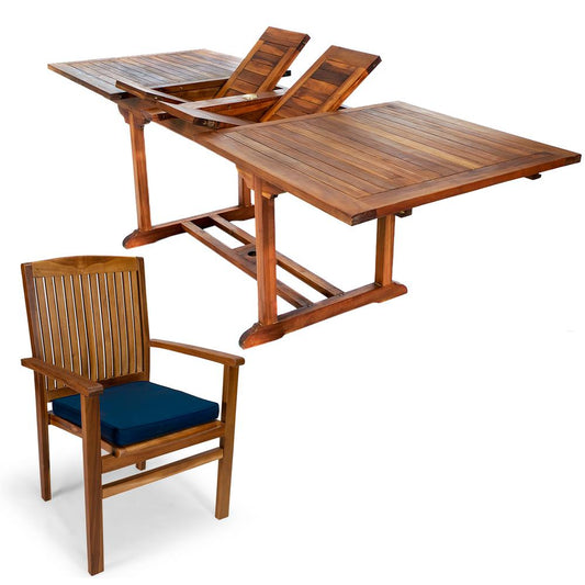 7-Piece Twin Butterfly Leaf Teak Extension Table Stacking Chair Set with Blue Cushions