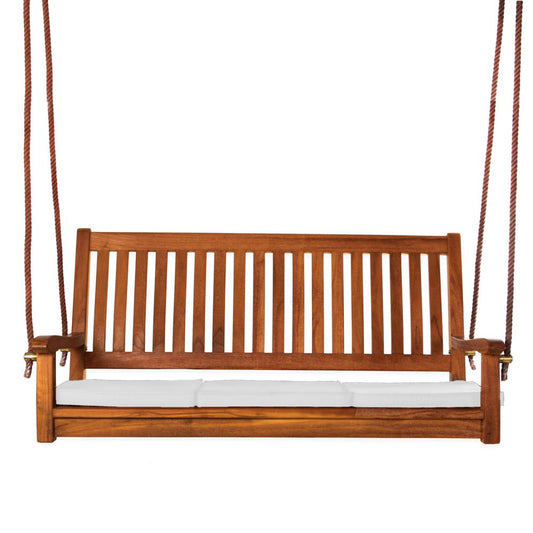 Teak Swing with White Cushions