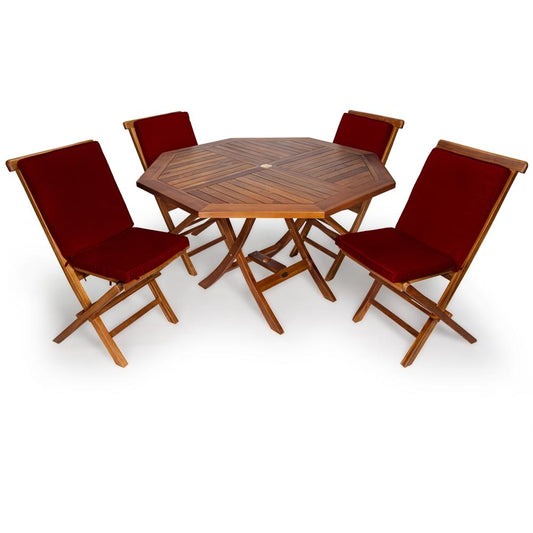 5-Piece 4-ft Teak Octagon Folding Table Set with Red Cushions