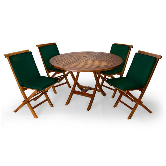 5-Piece 4-ft Teak Round Folding Table Set with Green Cushions