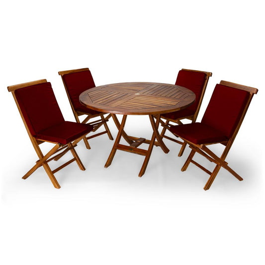 5-Piece 4-ft Teak Round Folding Table Set with Red Cushions