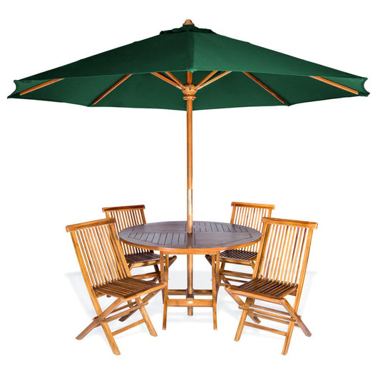 6-Piece 4-ft Teak Round Folding Table Set with Green Umbrella