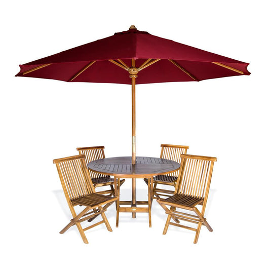 6-Piece 4-ft Teak Round Folding Table Set with Red Umbrella