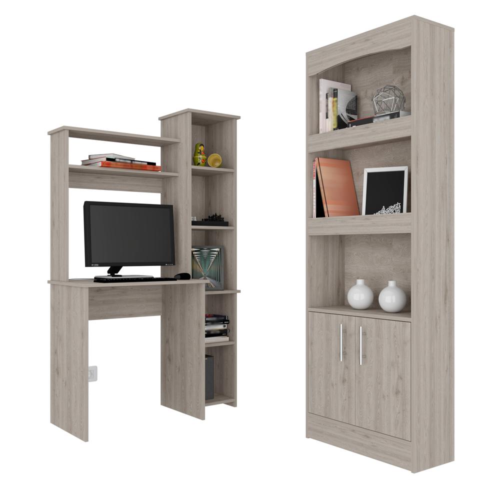 Detroit 2 Piece Office Set, Dozza Bookcase + Aramis Desk, Light Gray