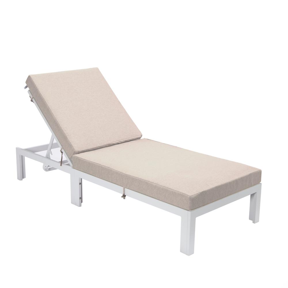 LeisureMod Chelsea Modern Outdoor White Chaise Lounge Chair With Cushions Beige