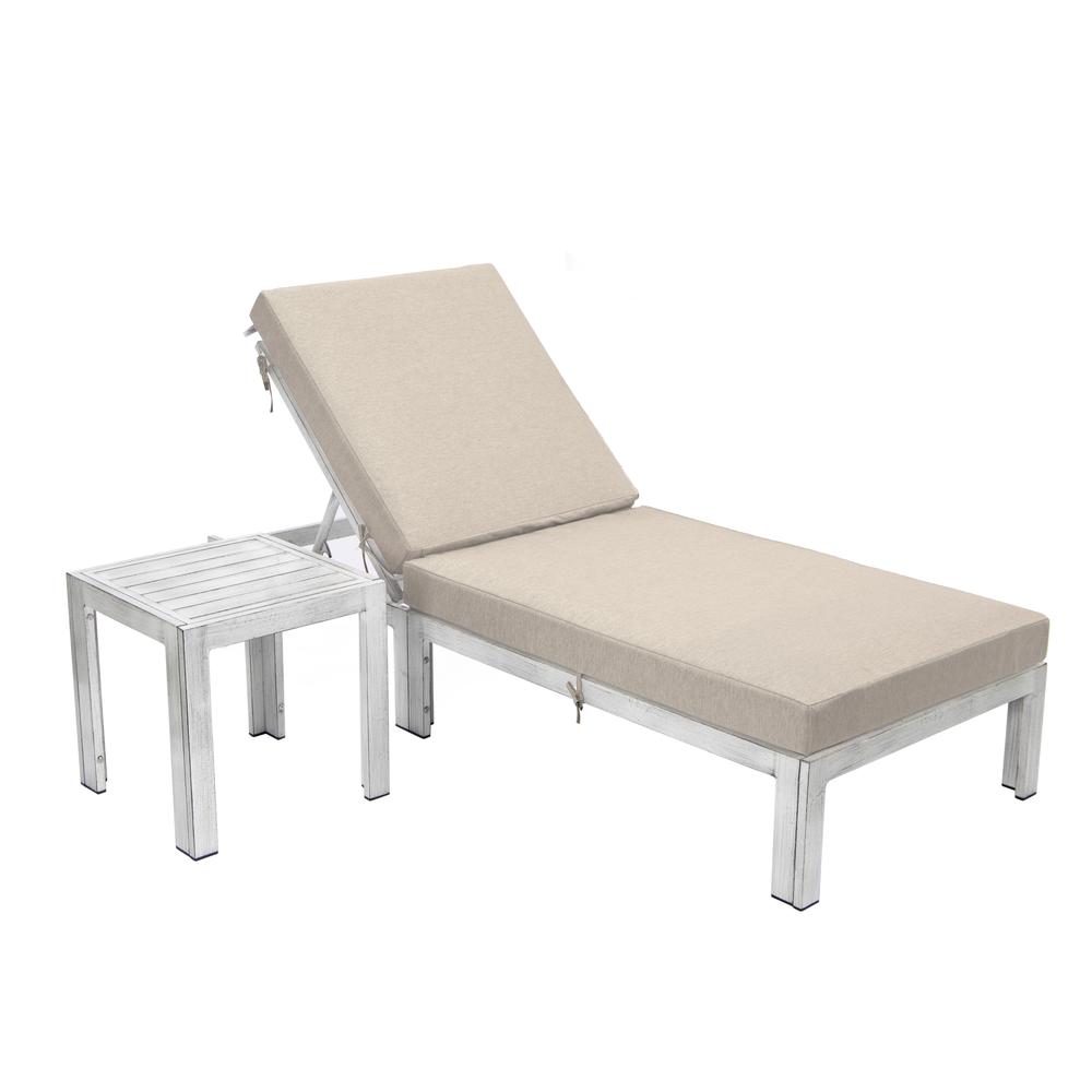 LeisureMod Chelsea Modern Outdoo Beige Chaise Lounge Chair With Side Table & Cushions