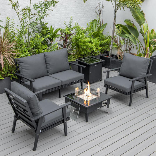 LeisureMod Walbrooke Modern Black Patio Conversation With Square Fire Pit & Tank Holder, Charcoal