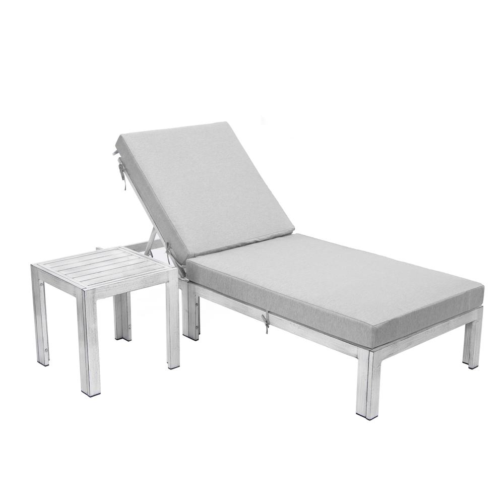 LeisureMod Chelsea Modern Outdoor Light Grey Chaise Lounge Chair With Side Table & Cushions