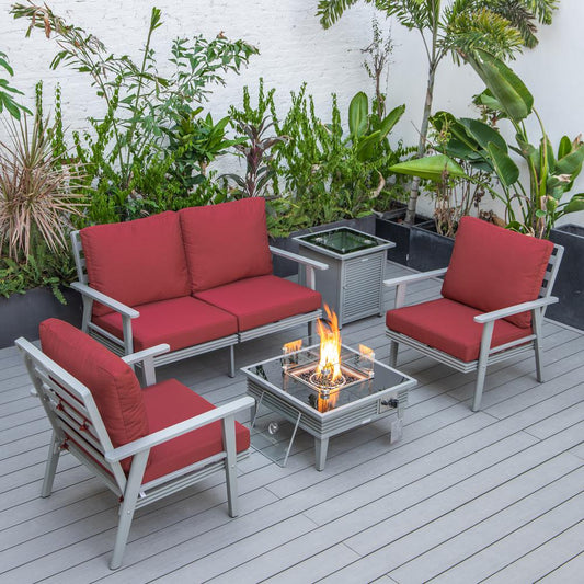 LeisureMod Walbrooke Modern Grey Patio Conversation With Square Fire Pit With Slats Design & Tank Holder, Red