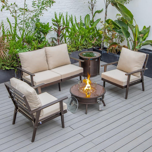 LeisureMod Walbrooke Modern Brown Patio Conversation With Round Fire Pit With Slats Design & Tank Holder, Beige