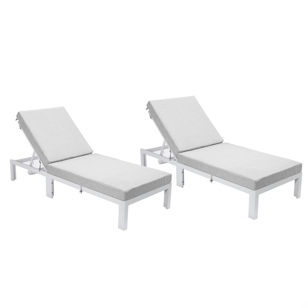 LeisureMod Chelsea Modern Outdoor White Chaise Lounge Chair With Cushions Set of 2 Light Grey