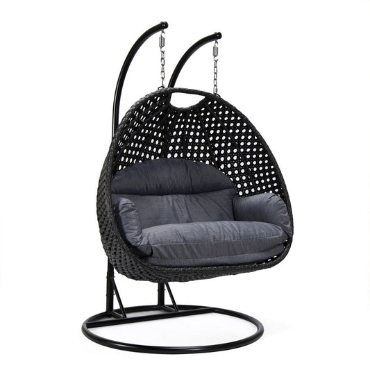 LeisureMod MendozaWicker Hanging 2 person Egg Swing Chair in Charcoal Blue