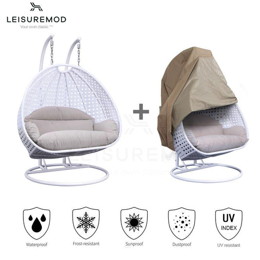 LeisureMod Wicker Hanging 2 person Egg Swing Chair With Outdoor Cover ESC57WBG-C