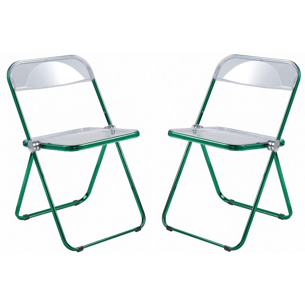 LeisureMod Lawrence Acrylic Folding Chair With Green Metal Frame, Set of 2 LFCL19G2