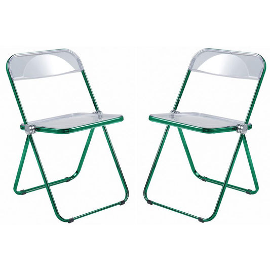 LeisureMod Lawrence Acrylic Folding Chair With Green Metal Frame, Set of 2 LFCL19G2