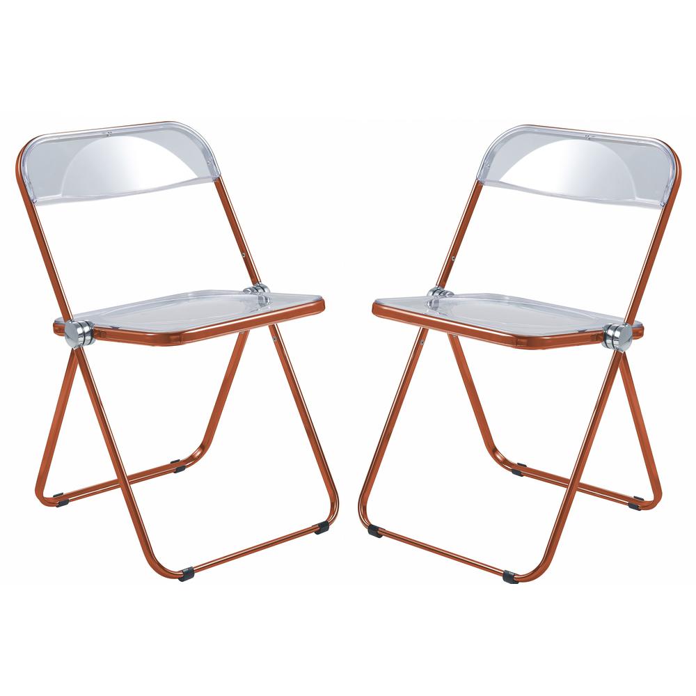 LeisureMod Lawrence Acrylic Folding Chair With Orange Metal Frame, Set of 2 LFCL19OR2