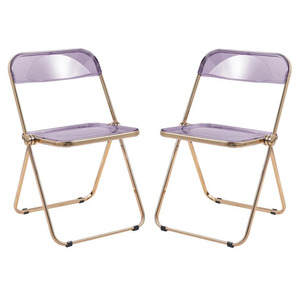 LeisureMod Lawrence Acrylic Folding Chair With Gold Metal Frame, Set of 2 LFG19PU2