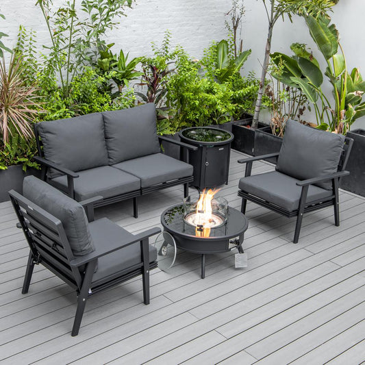 LeisureMod Walbrooke Modern Black Patio Conversation With Round Fire Pit & Tank Holder, Charcoal