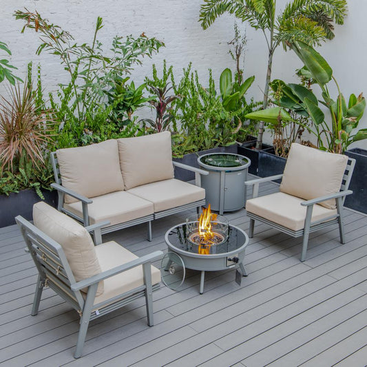 LeisureMod Walbrooke Modern Grey Patio Conversation With Round Fire Pit & Tank Holder, Beige