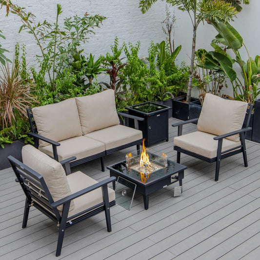 LeisureMod Walbrooke Modern Black Patio Conversation With Square Fire Pit & Tank Holder, Beige