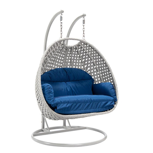 LeisureMod Wicker Hanging 2 person Egg Swing Chair in Blue