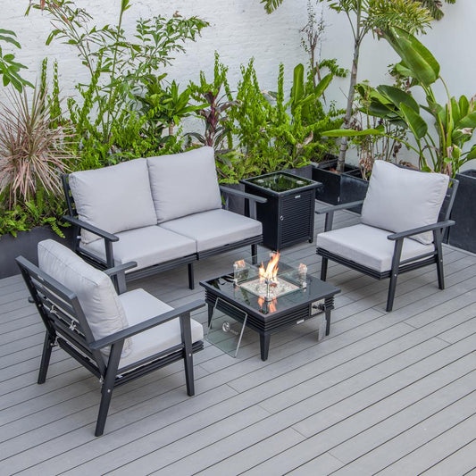 LeisureMod Walbrooke Modern Black Patio Conversation With Square Fire Pit With Slats Design & Tank Holder, Light Grey