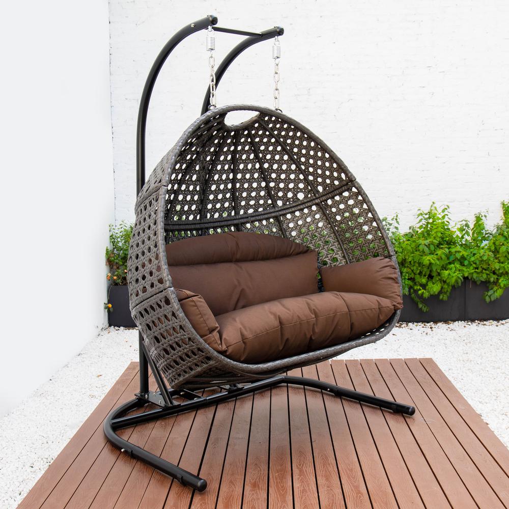 LeisureMod Wicker Hanging Double Egg Swing Chair in Dark Brown