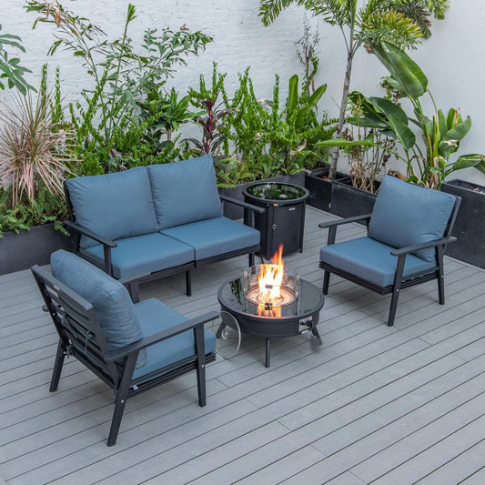 LeisureMod Walbrooke Modern Black Patio Conversation With Round Fire Pit & Tank Holder, Navy Blue