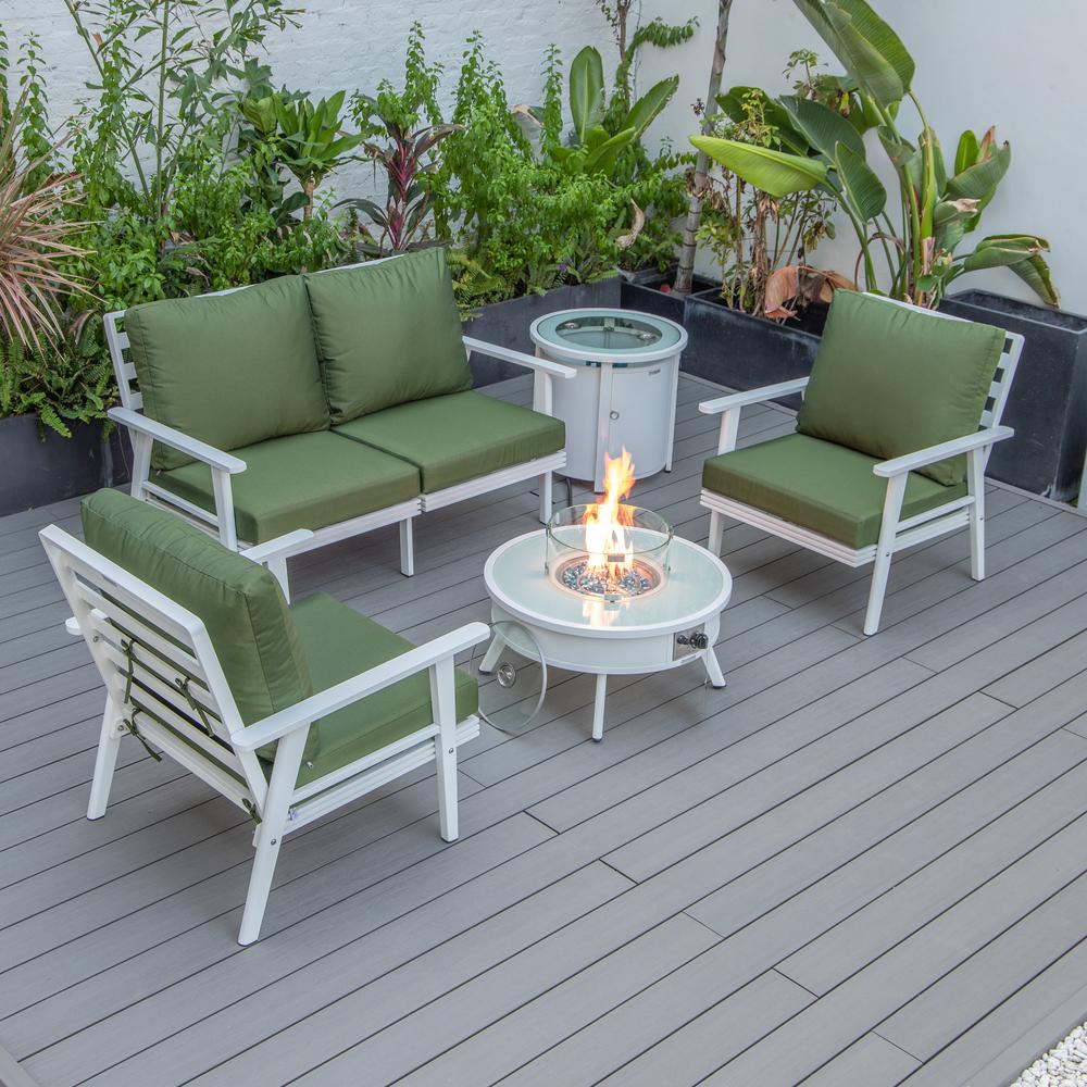 LeisureMod Walbrooke Modern White Patio Conversation With Round Fire Pit & Tank Holder, Green