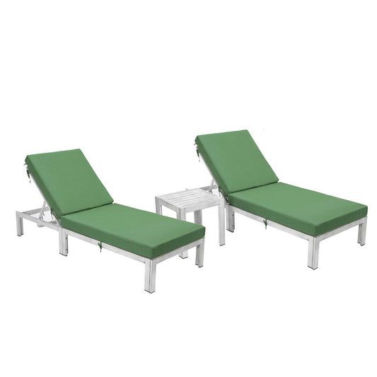 LeisureMod Chelsea Modern Outdoor Green Chaise Lounge Chair Set of 2 With Side Table & Cushions