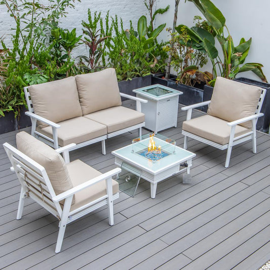 LeisureMod Walbrooke Modern White Patio Conversation With Square Fire Pit With Slats Design & Tank Holder, Beige