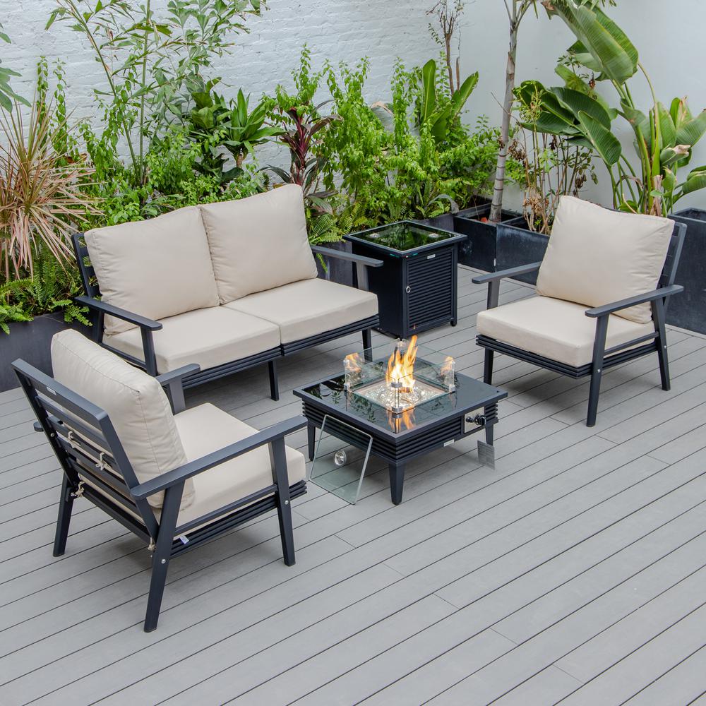 LeisureMod Walbrooke Modern Black Patio Conversation With Square Fire Pit With Slats Design & Tank Holder, Beige