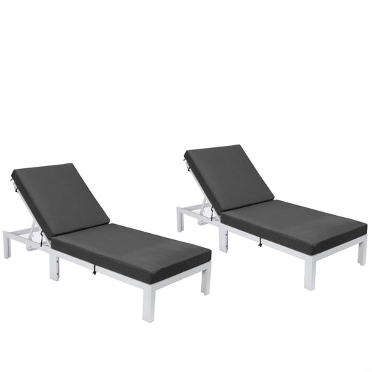 LeisureMod Chelsea Modern Outdoor White Chaise Lounge Chair With Cushions Set of 2 Black